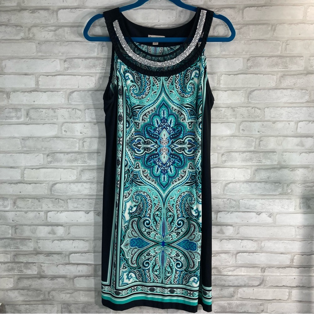 Dress Barn Green & Black Sleeveless Midi Dress Size Petite 14